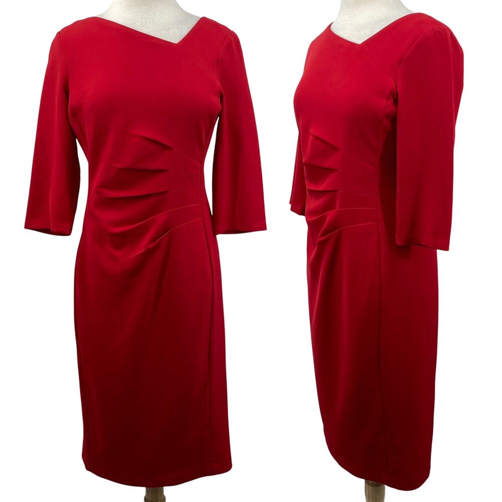 Donna Karan Asymmetrical Neckline Sheath Dress Pleated Draped Partial Sleeve Red
